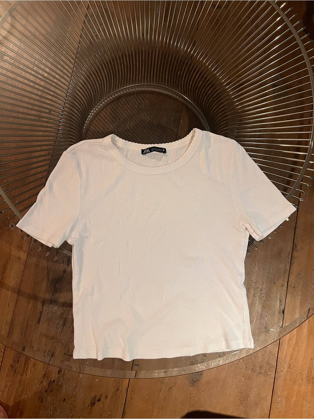 Zara White Ribbed Crewneck Short Sleeve Top